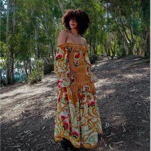 Free People Floral Print Velvet Burnout Smocked Ruched Tiered Party Maxi Dress